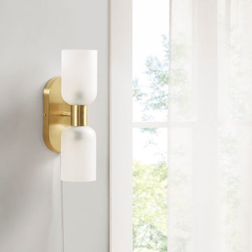 Double Tube 2 Light Wall Sconce Frosted Glass Gold Iron