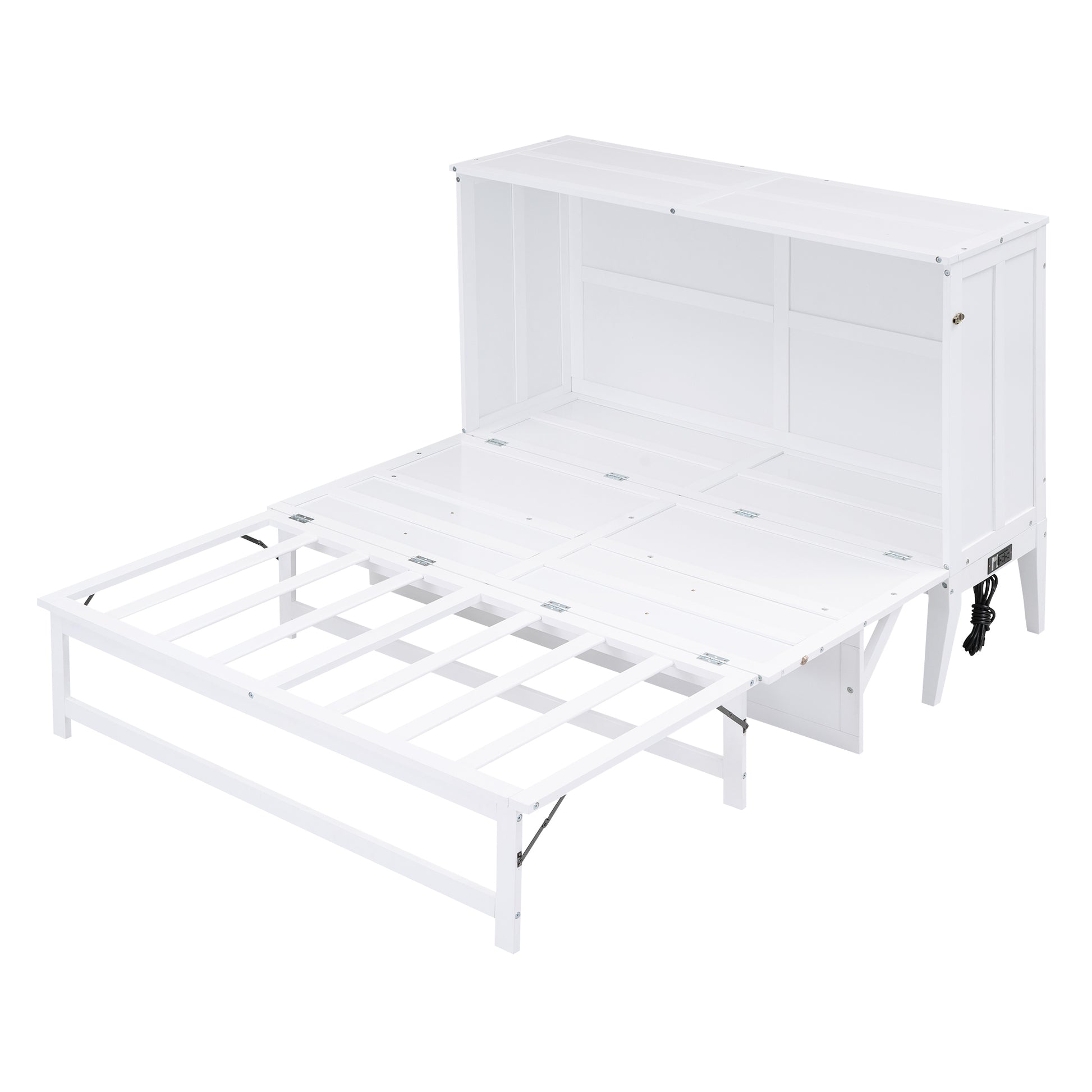 Queen Size Murphy Bed With Built In Charging Station And A Shelf, White White Solid Wood Mdf