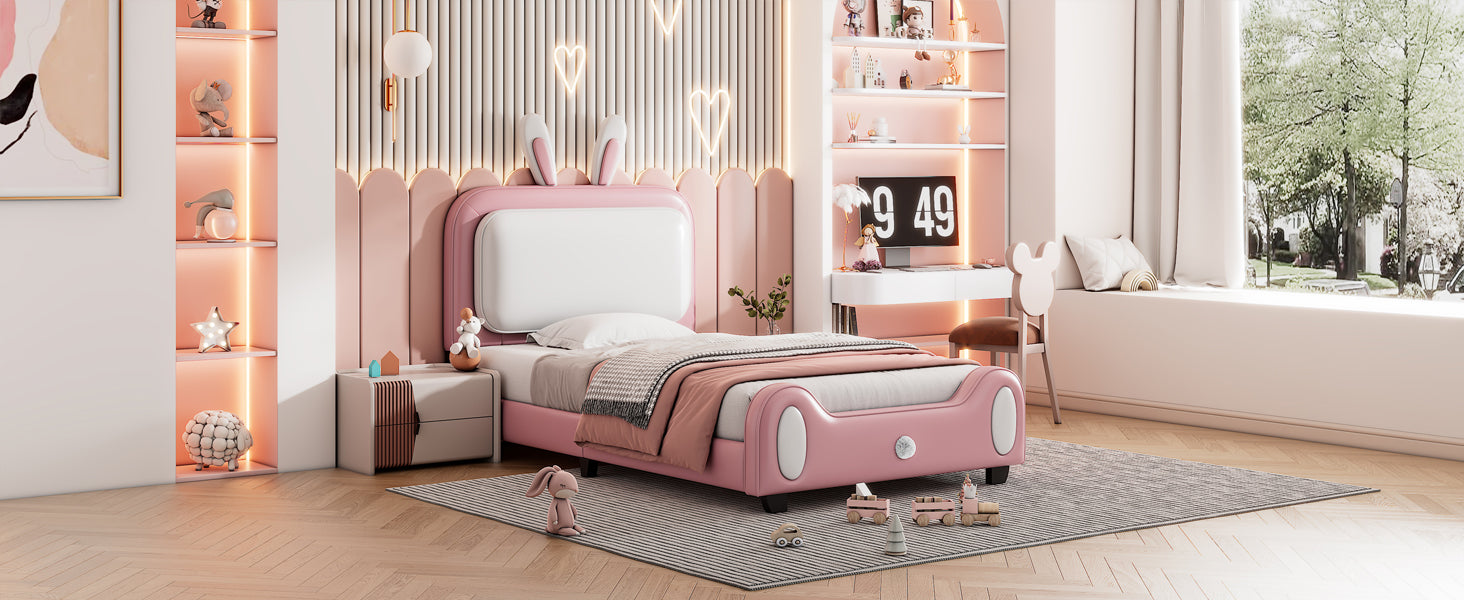 Twin Size Upholstered Rabbit Shape Princess Bed ,Twin Size Platform Bed With Headboard And Footboard,White Pink White Pink Pu