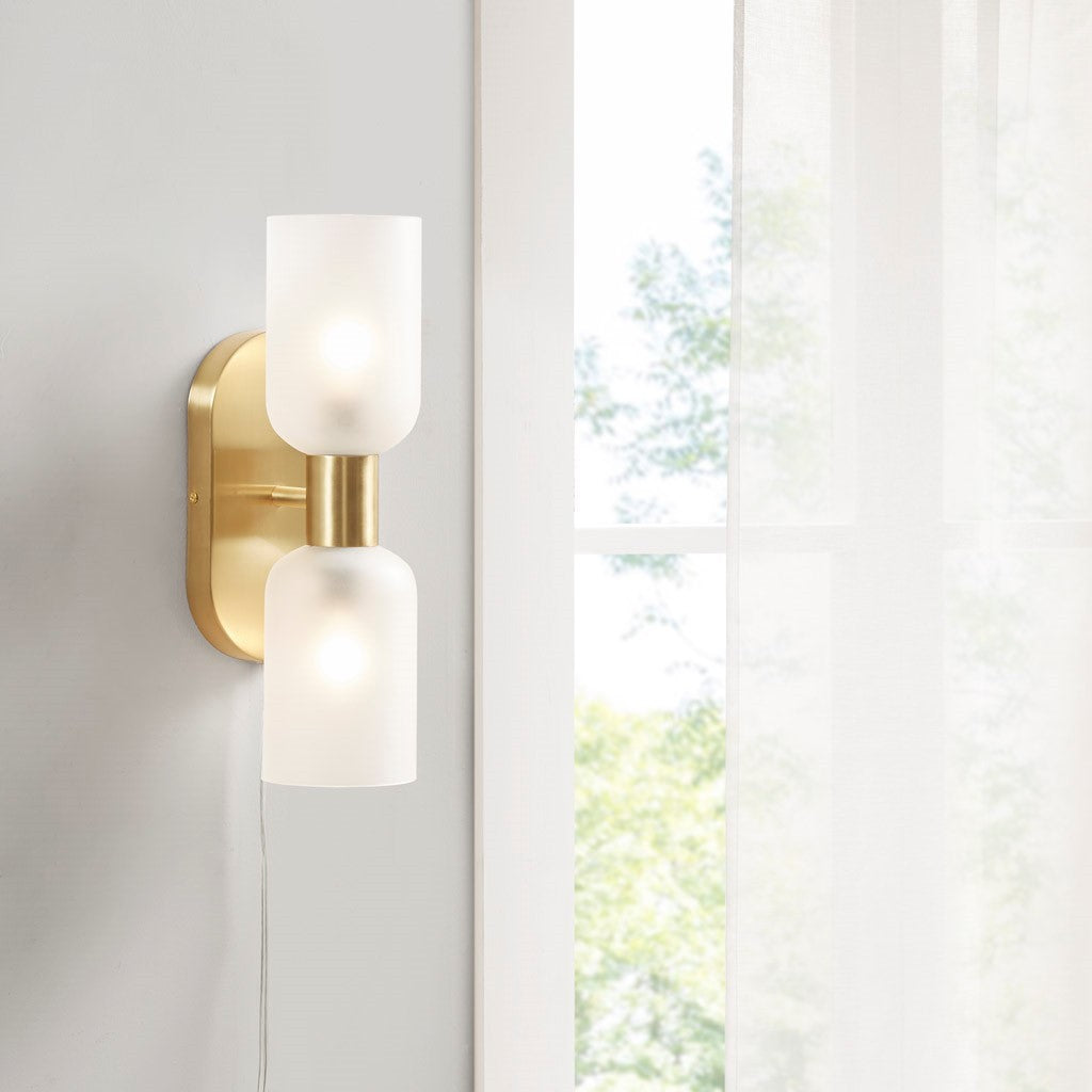 Double Tube 2 Light Wall Sconce Frosted Glass Gold Iron