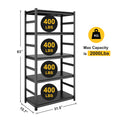 Adjustable Heavy Duty Metal Shelving 5 Tier Storage Shelves, 2000Lbs Load, Kitchen, Garage, Pantry H63 * W31.5 * D15.7 5 Black Standard Vertical Office Open Back Metal Classic Adjustable Shelves Metal Steel