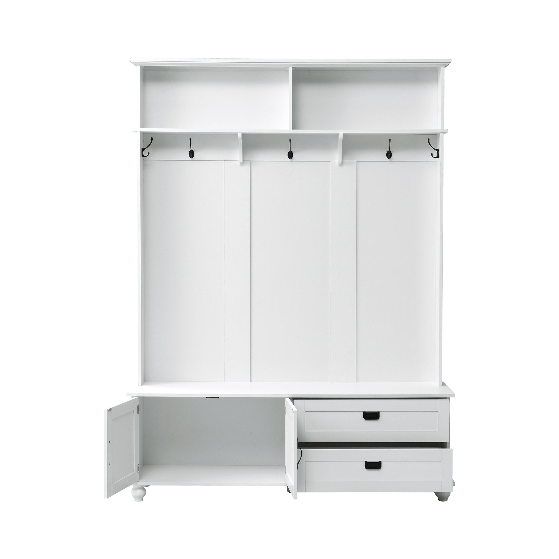 Modern Style Hall Tree With Storage Cabinet And 2 Large Drawers, Widen Mudroom Bench With 5 Coat Hooks, White White Primary Living Space Particle Board