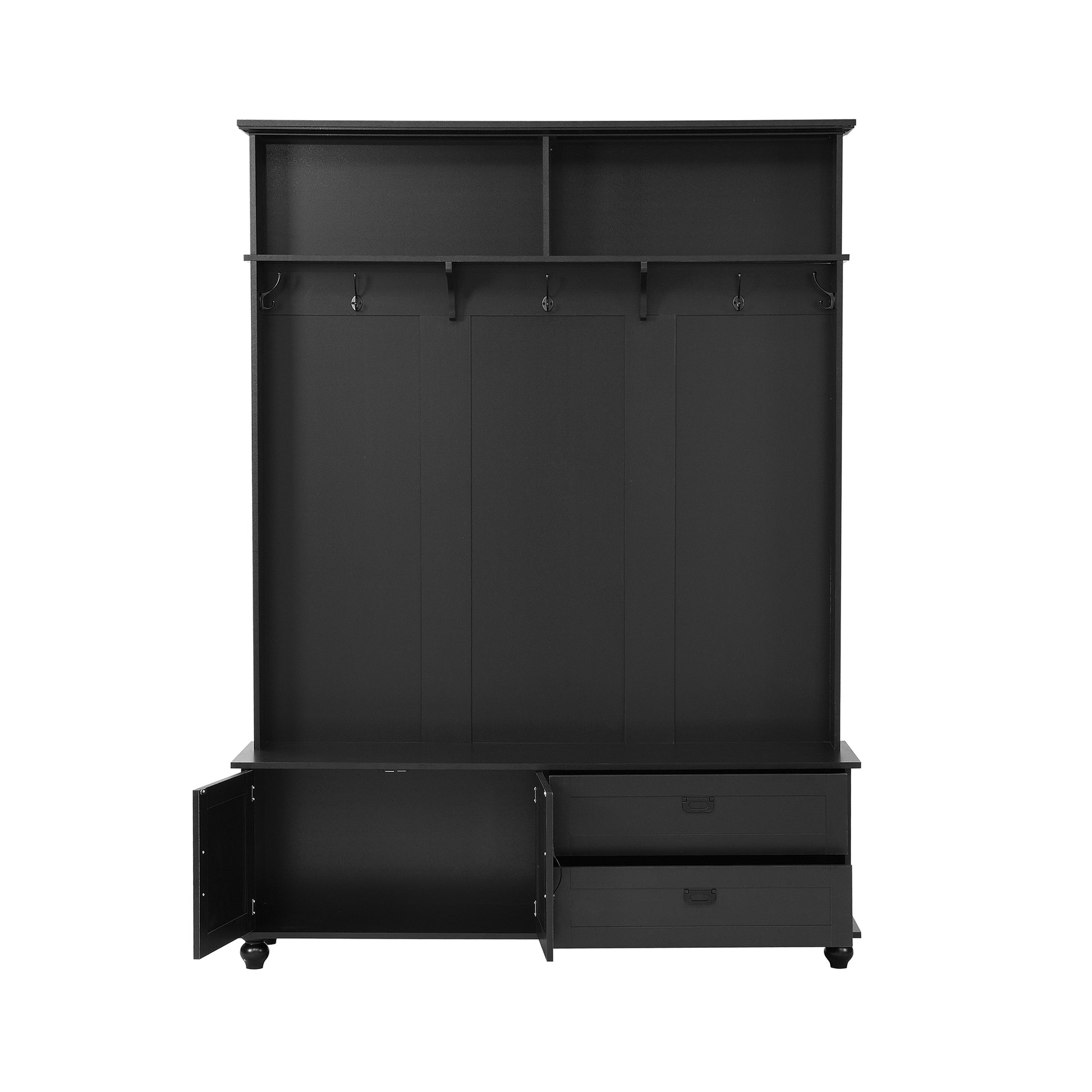 Modern Style Hall Tree With Storage Cabinet And 2 Large Drawers, Widen Mudroom Bench With 5 Coat Hooks, Black Black Primary Living Space Particle Board