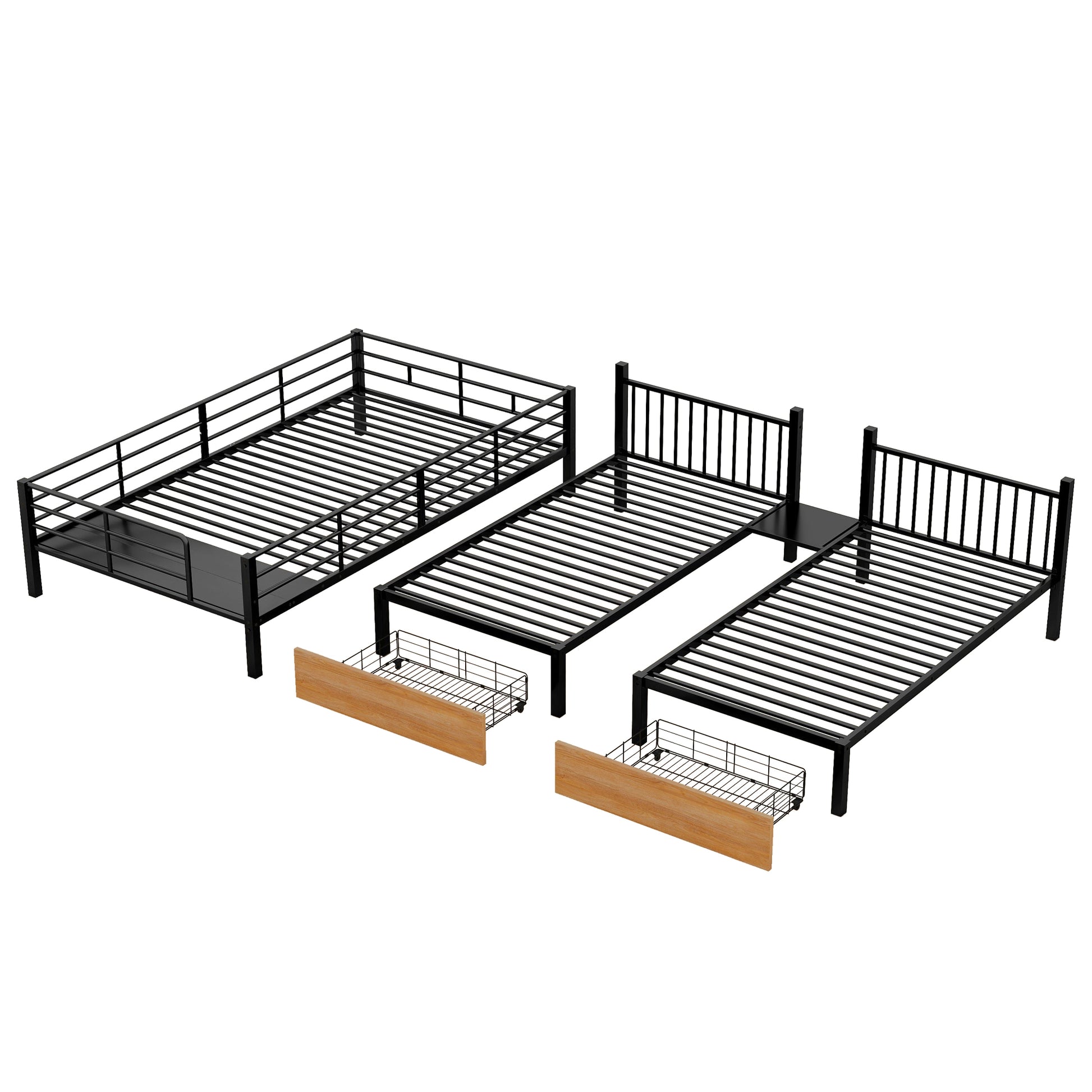 Full Over Twin Twin Triple Bunk Bed With Drawers And Staircase, Black Black Metal