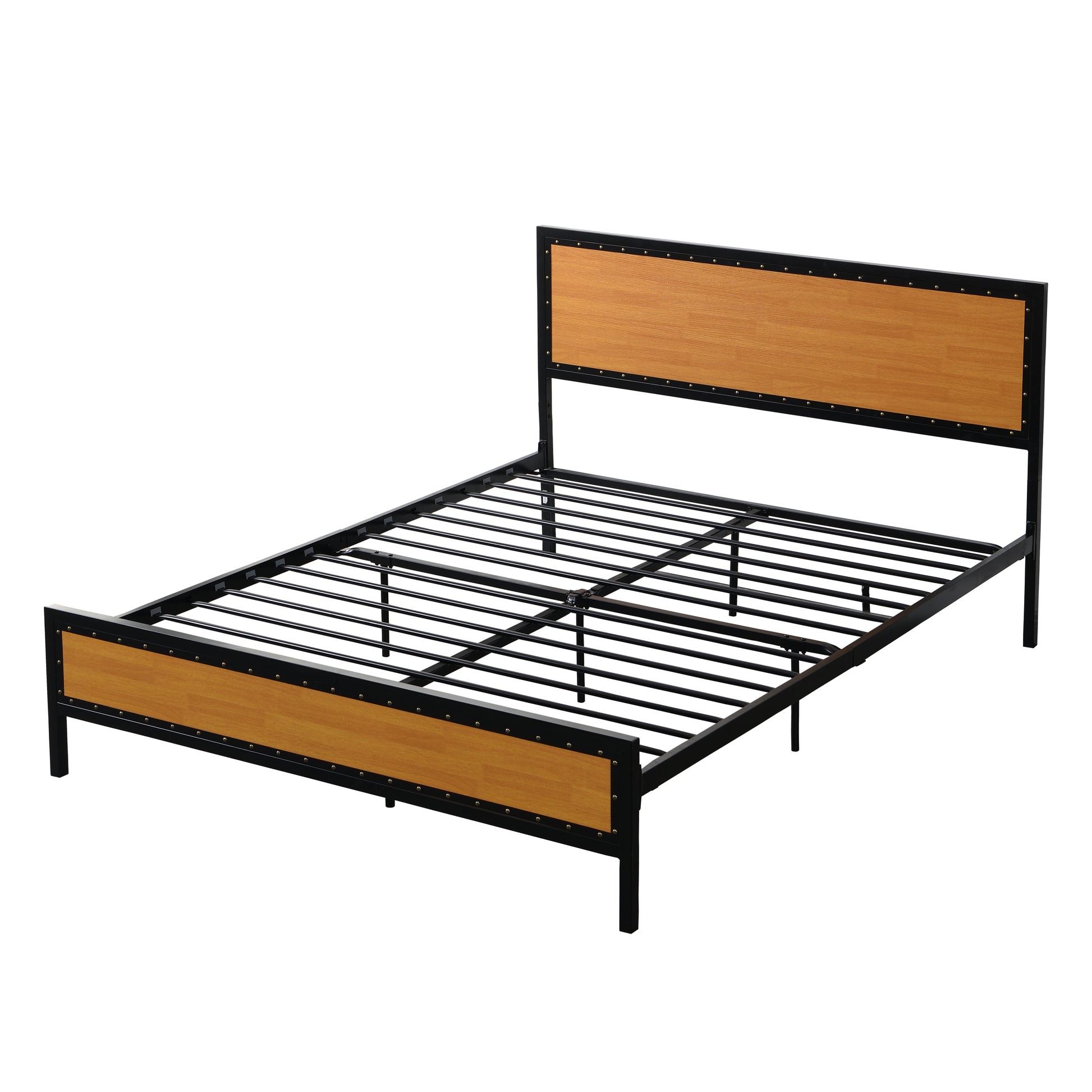 Industrial Platform Queen Bed Frame Mattress Foundation With Rustic Headboard And Footboard, Strong Steel Slat Support, No Box Spring Needed, Noise Free, Easy Assembly Brown Mdf Steel