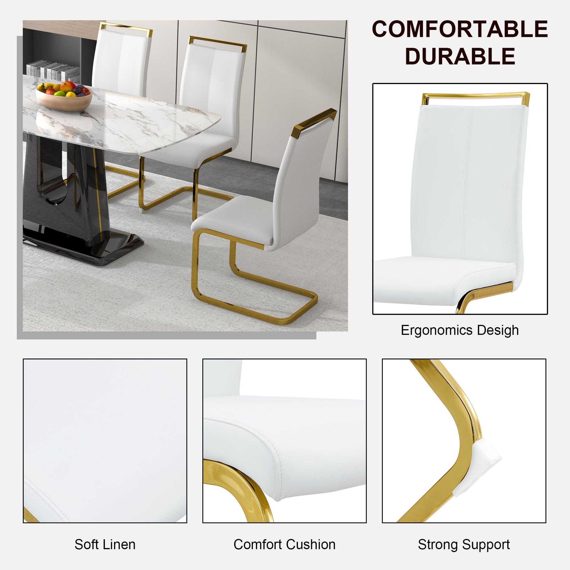 1 Table And 4 Chairs. Modern, Simple And Luxurious White Imitation Marble Rectangular Dining Table And Desk With 4 White Pu Gold Plated Leg Chairs 63'' X 35.4'' X 30'' White Black Mdf