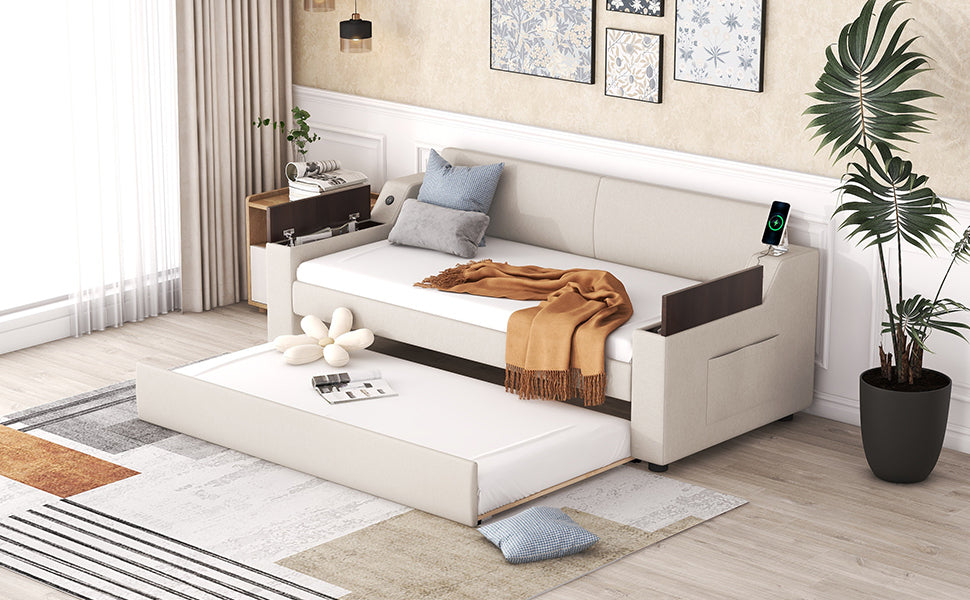 Twin Size Upholstery Daybed With Storage Arms, Trundle And Usb Design, Beige Box Spring Not Required Twin Beige Wood Upholstered