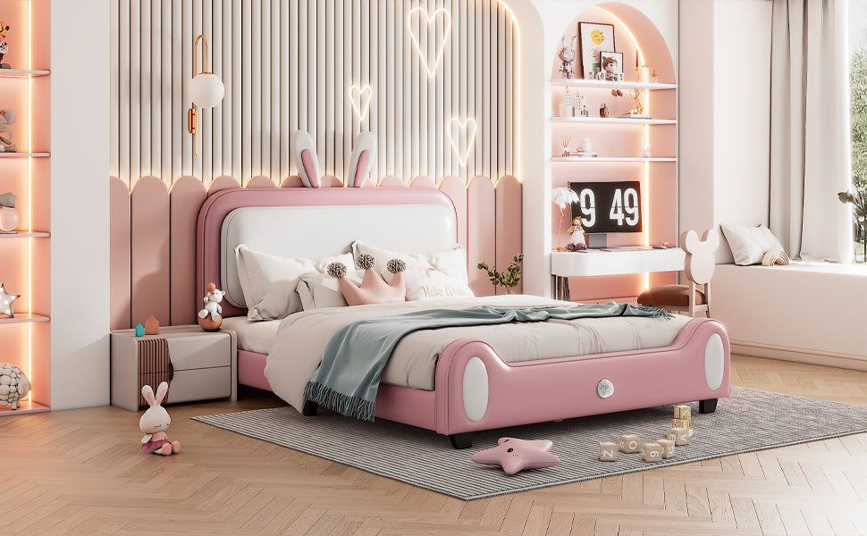 Full Size Upholstered Rabbit Shape Princess Bed ,Full Size Platform Bed With Headboard And Footboard,White Pink White Pink Pu