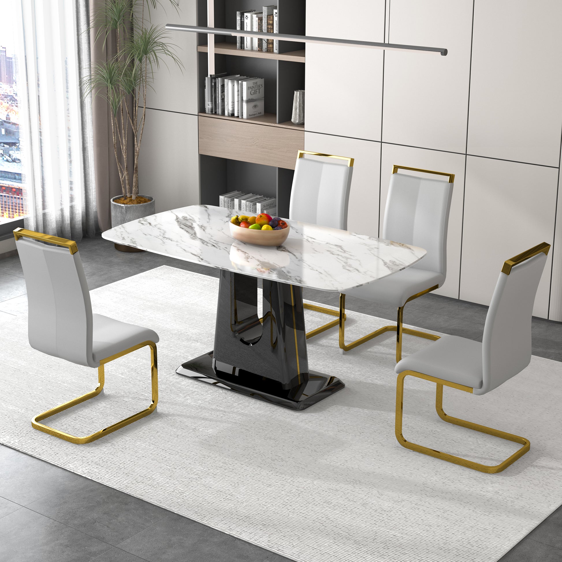 A Modern, Minimalist, And Luxurious Dining Table With A White Imitation Marble Tabletop And Mdf Legs With U Shaped Brackets. Tables In Restaurants And Living Rooms 63"*35.4"*30 F U White Mdf Glass
