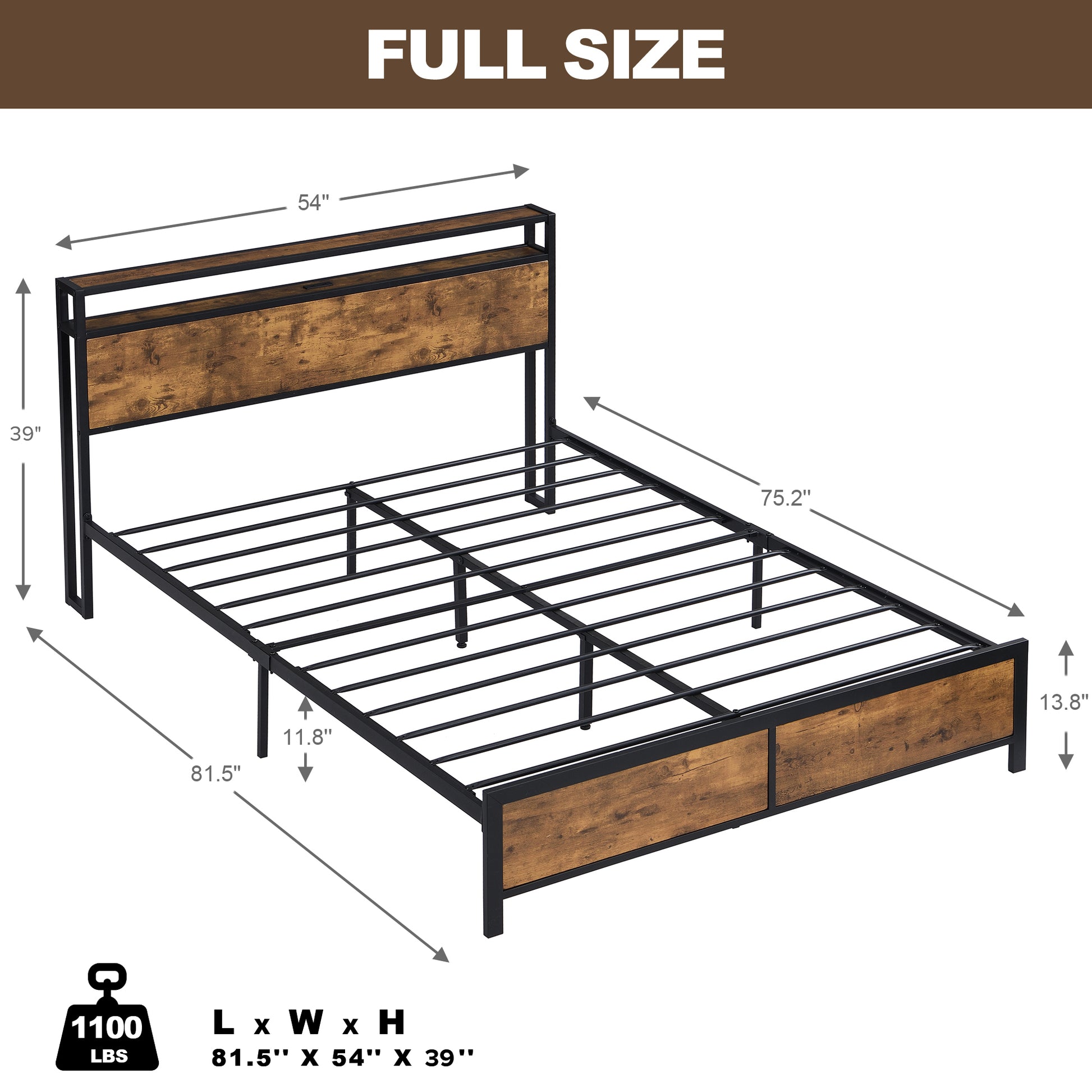 Industrial Full Bed Frame With Led Lights And 2 Usb Ports, Bed Frame Full Size With Storage, Noise Free, No Box Spring Needed, Rustic Brown Antique Brown Metal & Wood