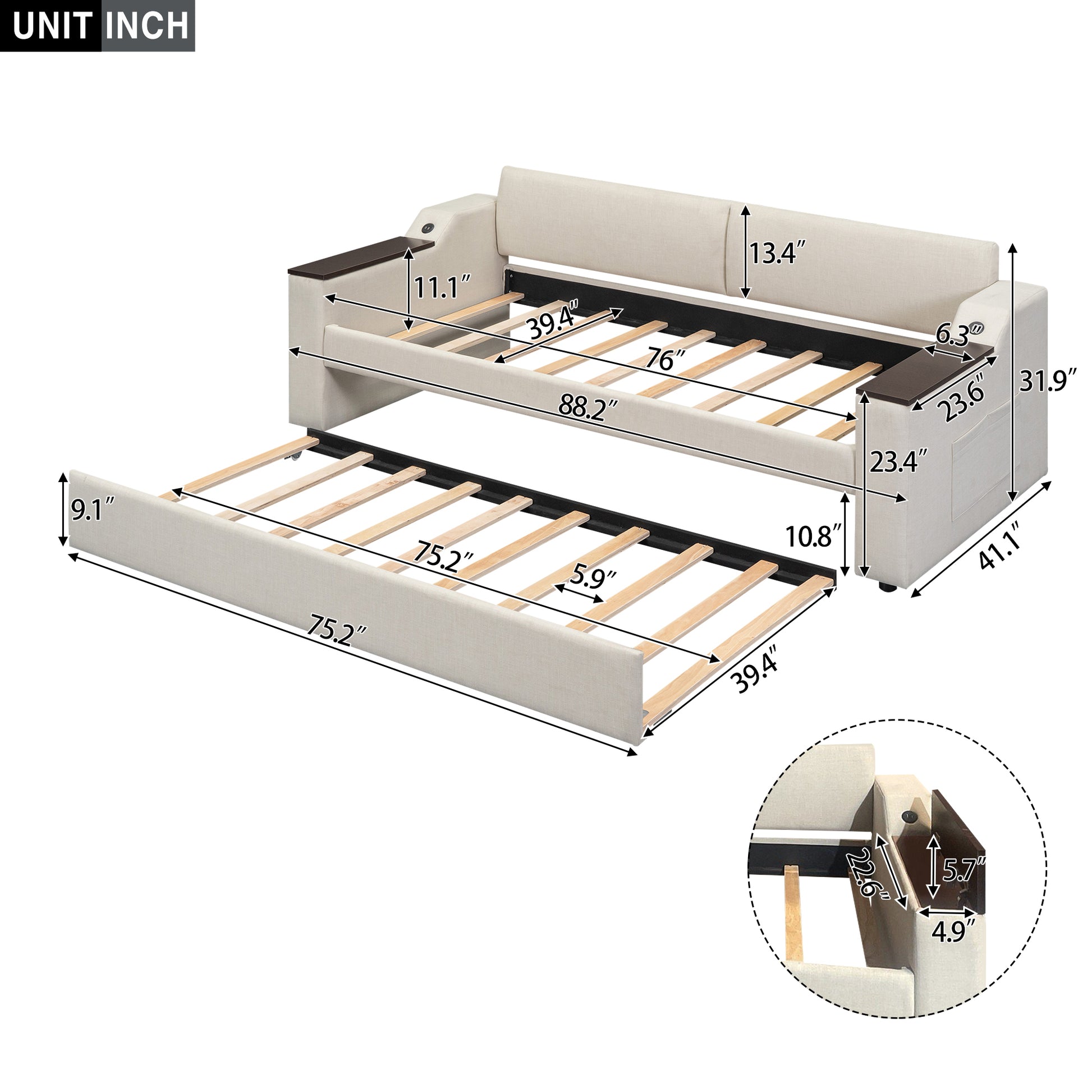 Twin Size Upholstery Daybed With Storage Arms, Trundle And Usb Design, Beige Box Spring Not Required Twin Beige Wood Upholstered