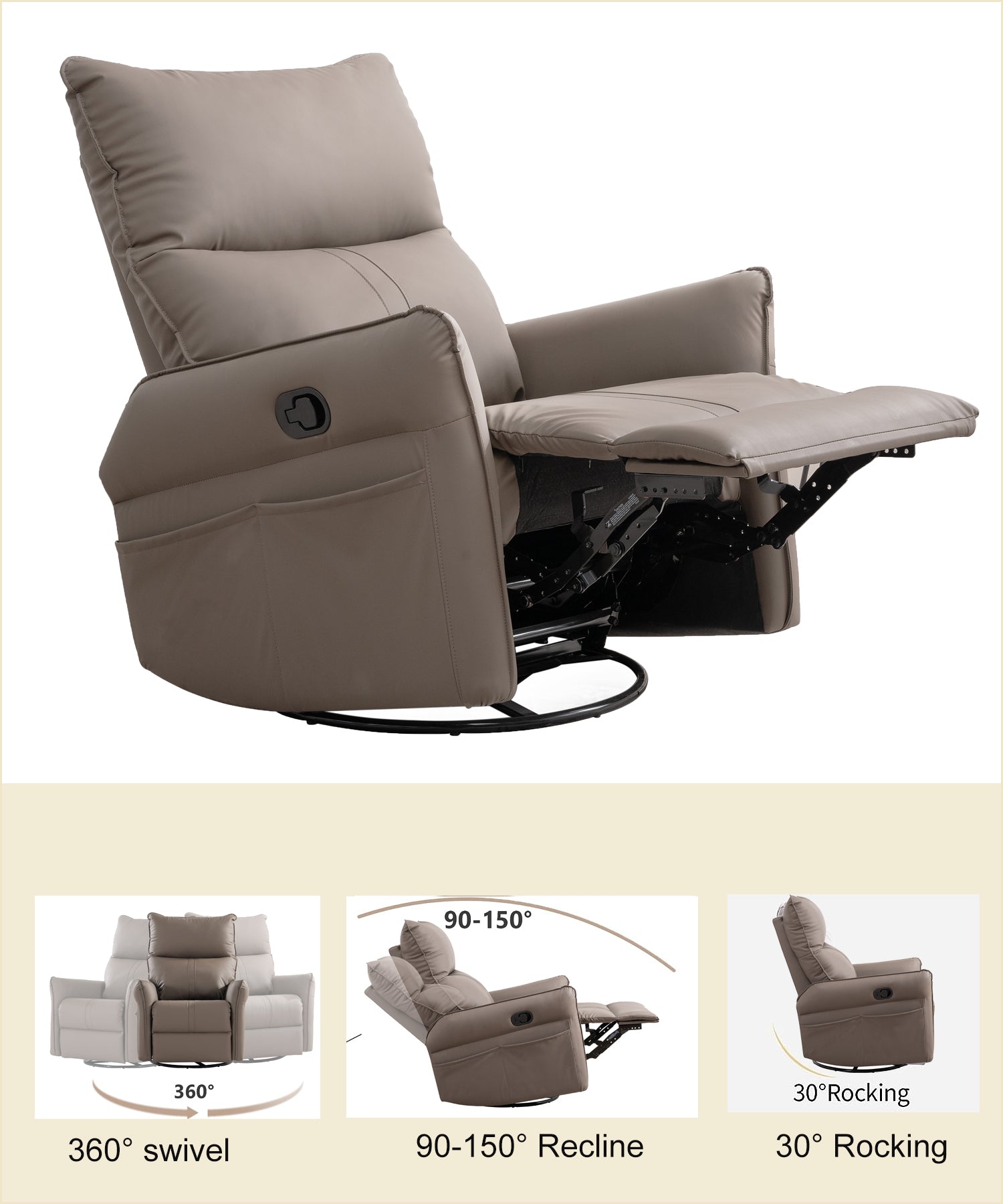 Rocking Recliner Chair,360 Degree Swivel Nursery Rocking Chair,Glider Chair,Modern Small Rocking Swivel Recliner Chair For Bedroom,Living Room Chair Home Theater Seat,Side Pocket Brown Solid Brown Light Brown Primary Living Space Foam Wipe Clean