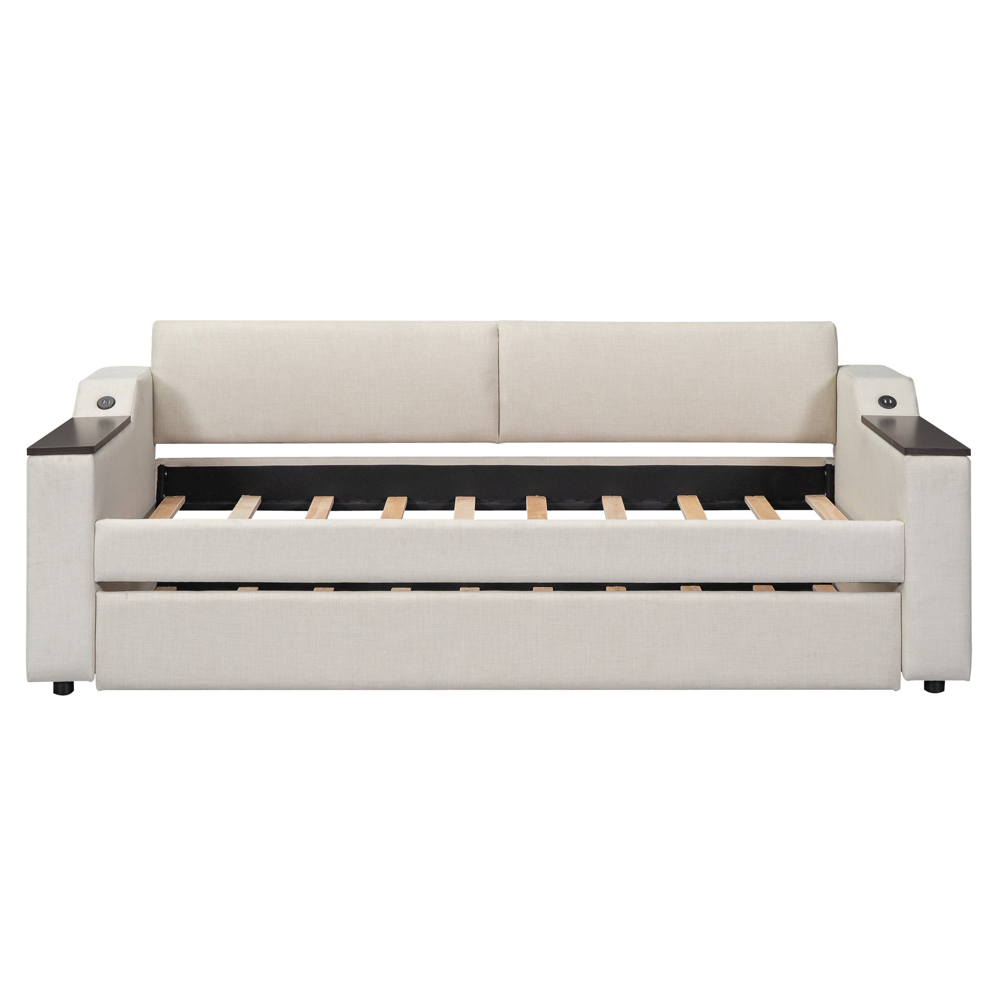 Twin Size Upholstery Daybed With Storage Arms, Trundle And Usb Design, Beige Box Spring Not Required Twin Beige Wood Upholstered