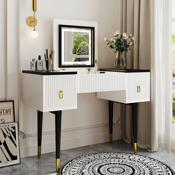 43.3" Modern Vanity Table Set With Flip Top Mirror And Led Light, Dressing Table With Customizable Storage, White And Black Black White Drawer 2 Drawers Bedroom Adjustable Shelves American Design,Artsy,Classic,Contemporary Rubberwood Solid Wood Mdf