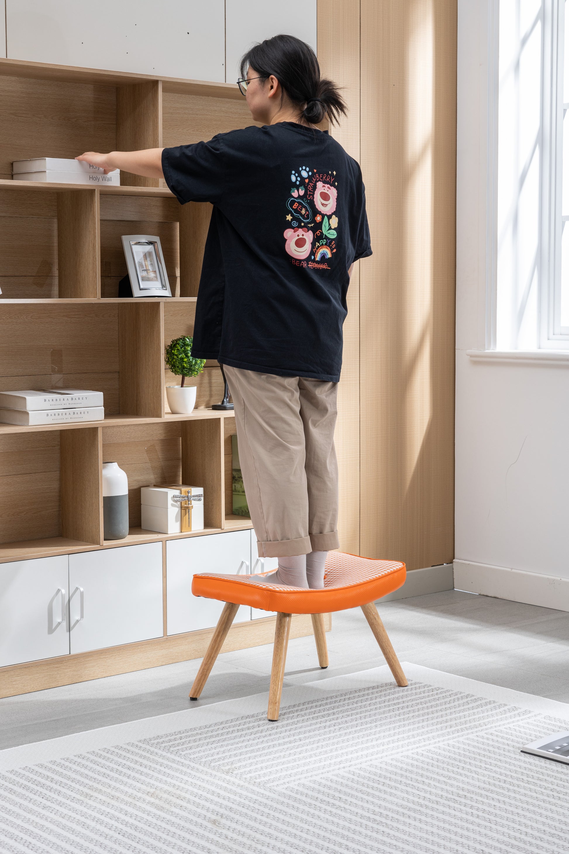 Wooden Step Ottoman,Wooden Step Stool For Adults,Square Cushion Foot Stool,Small Stool With Non Slip Pad,Wood Stool Suitable For Bedroom, Living Room And Kitchen Orange Orange Foam Cotton Linen