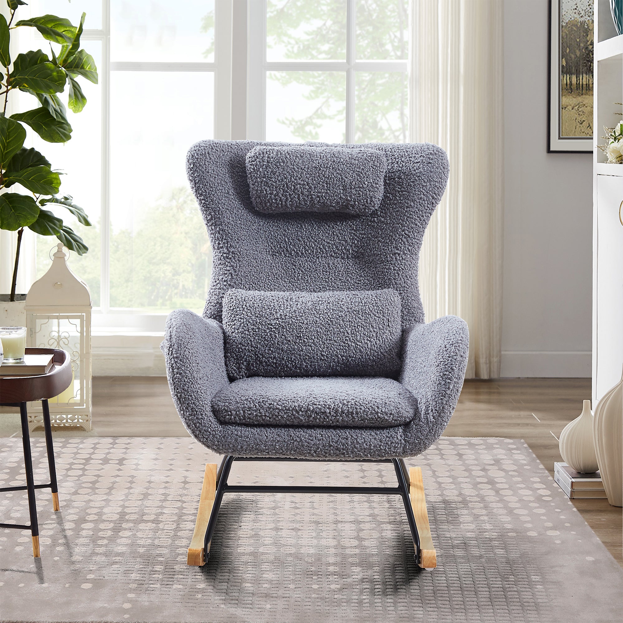 Rocking Chair Nursery, Modern Rocking Chair With High Backrest Gray Polyurethane Foam Fabric