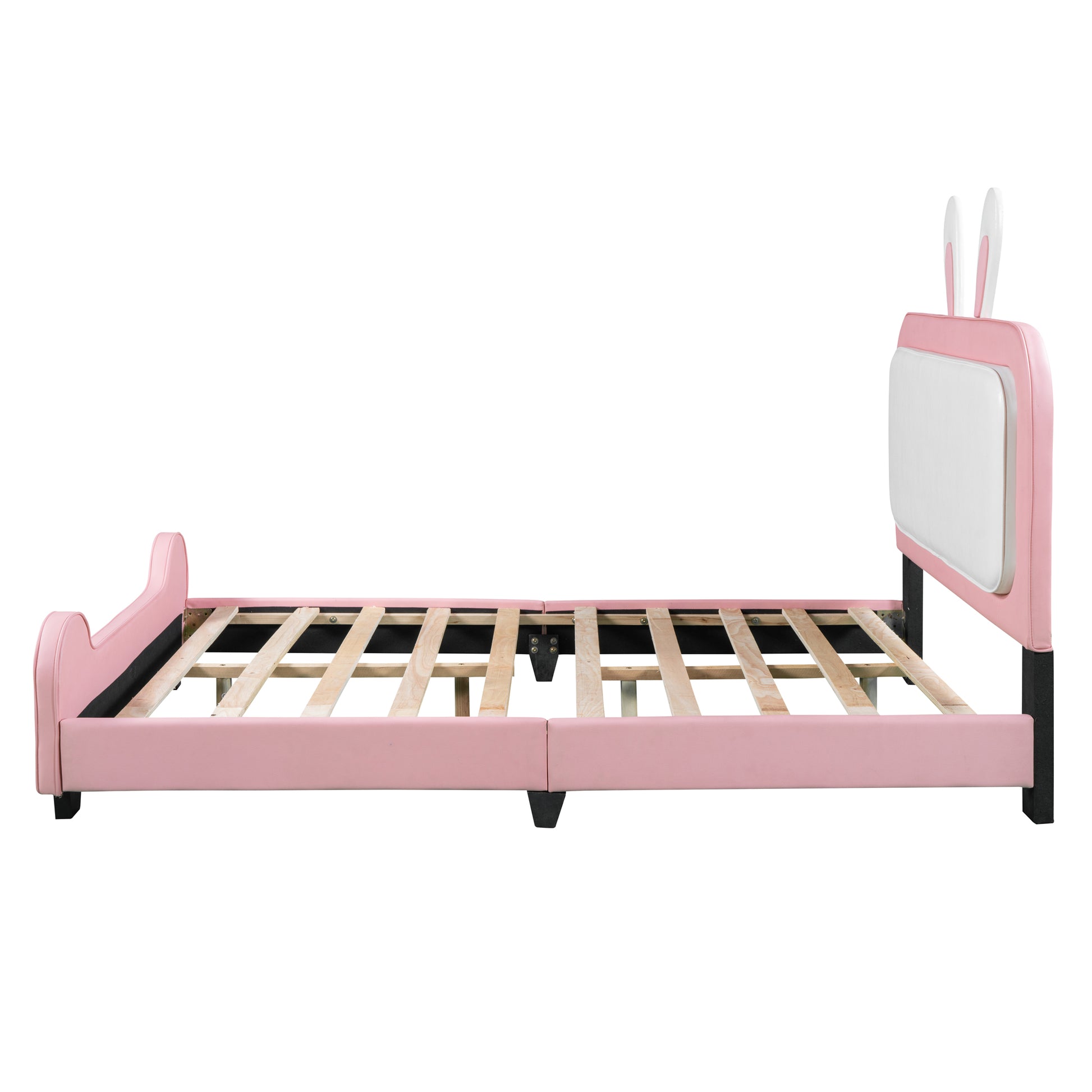 Full Size Upholstered Rabbit Shape Princess Bed ,Full Size Platform Bed With Headboard And Footboard,White Pink White Pink Pu