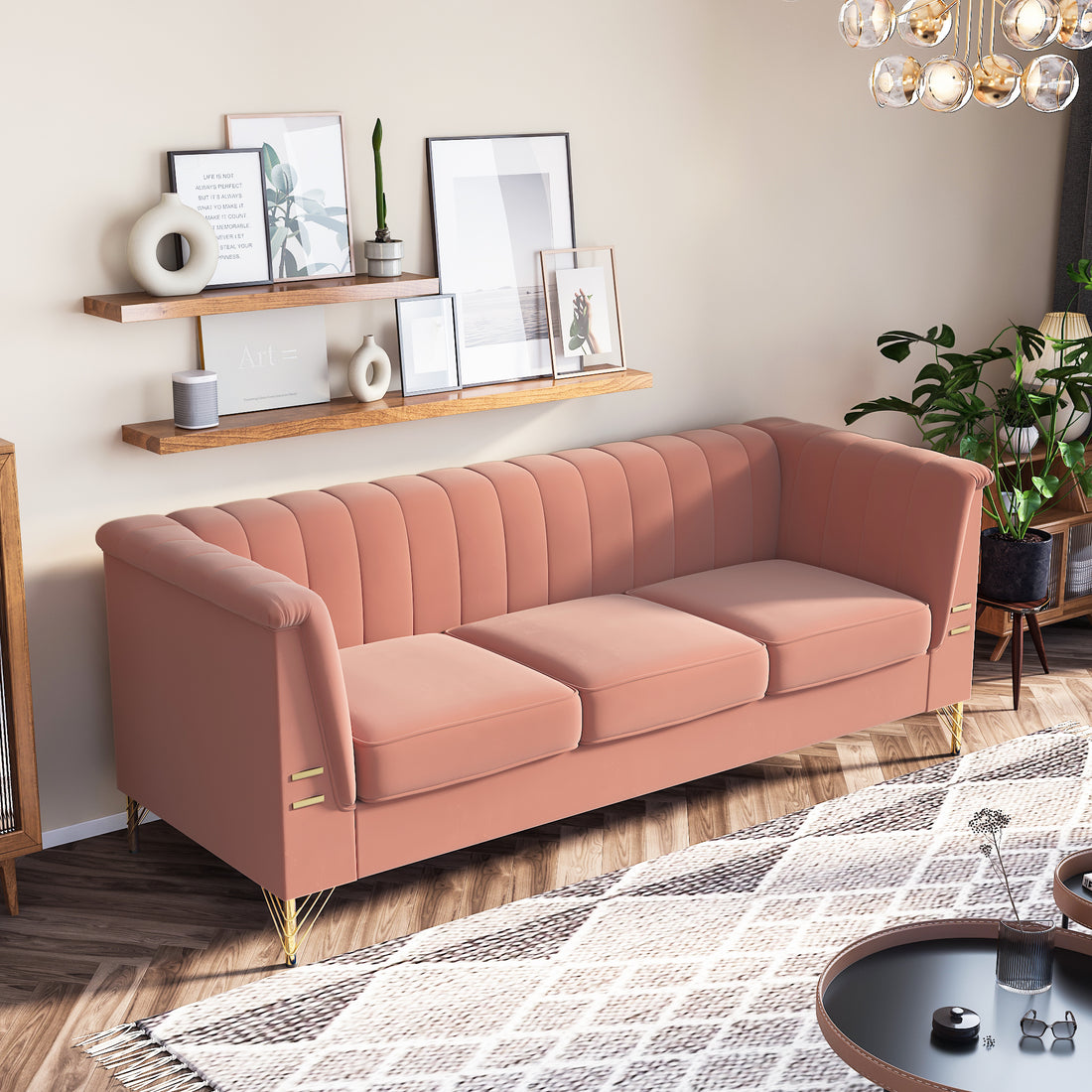 Fx P82 Pk Sofa Modern Designs Velvet Upholstered Living Room Sofa, 3 Seat Sofa Couch With Golden Metal Legs For Home, Apartment Or Office Pink Sofa Pink Velvet 3 Seat