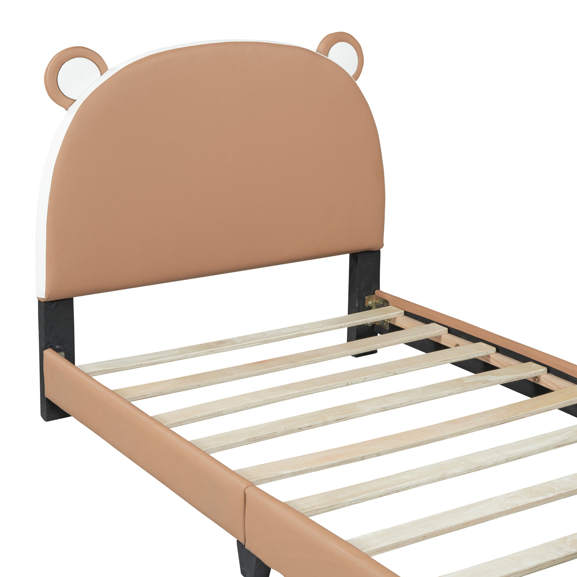 Twin Size Upholstered Platform Bed With Bear Shaped Headboard And Footboard,Brown White Brown Pu