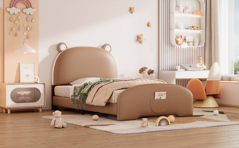 Twin Size Upholstered Platform Bed With Bear Shaped Headboard And Footboard,Brown White Brown Pu