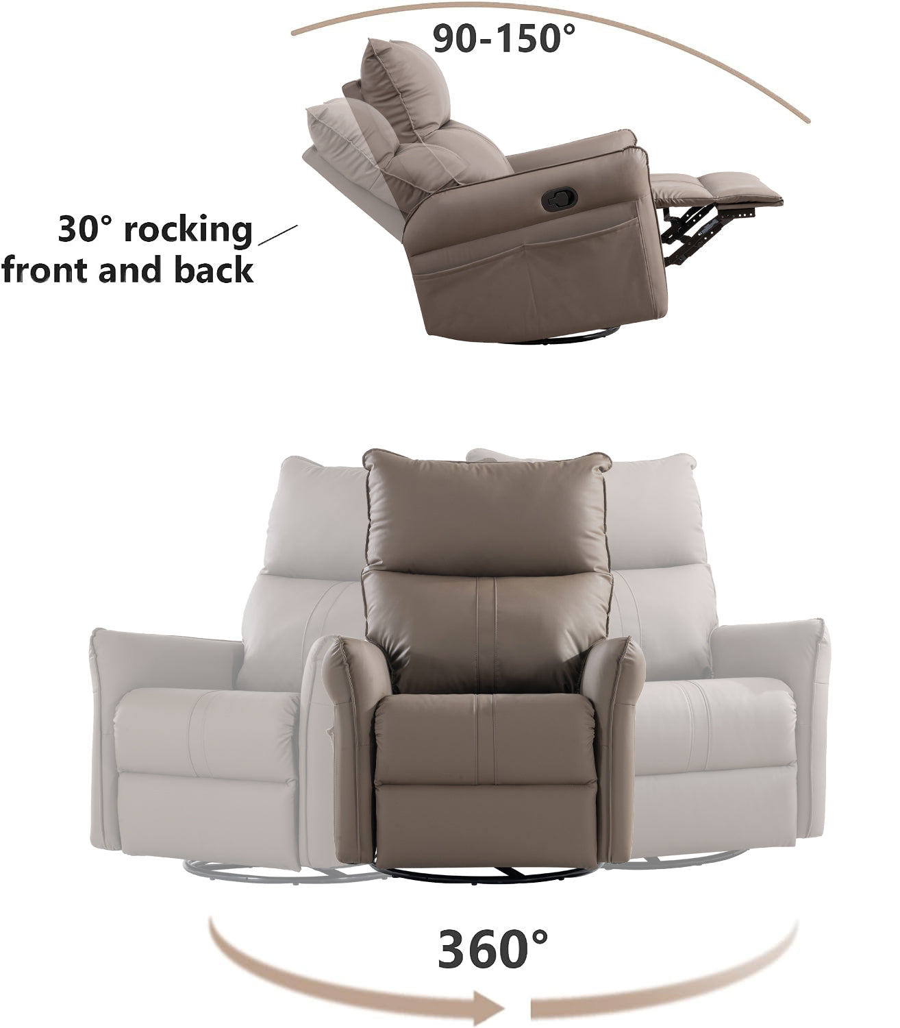 Rocking Recliner Chair,360 Degree Swivel Nursery Rocking Chair,Glider Chair,Modern Small Rocking Swivel Recliner Chair For Bedroom,Living Room Chair Home Theater Seat,Side Pocket Brown Solid Brown Light Brown Primary Living Space Foam Wipe Clean