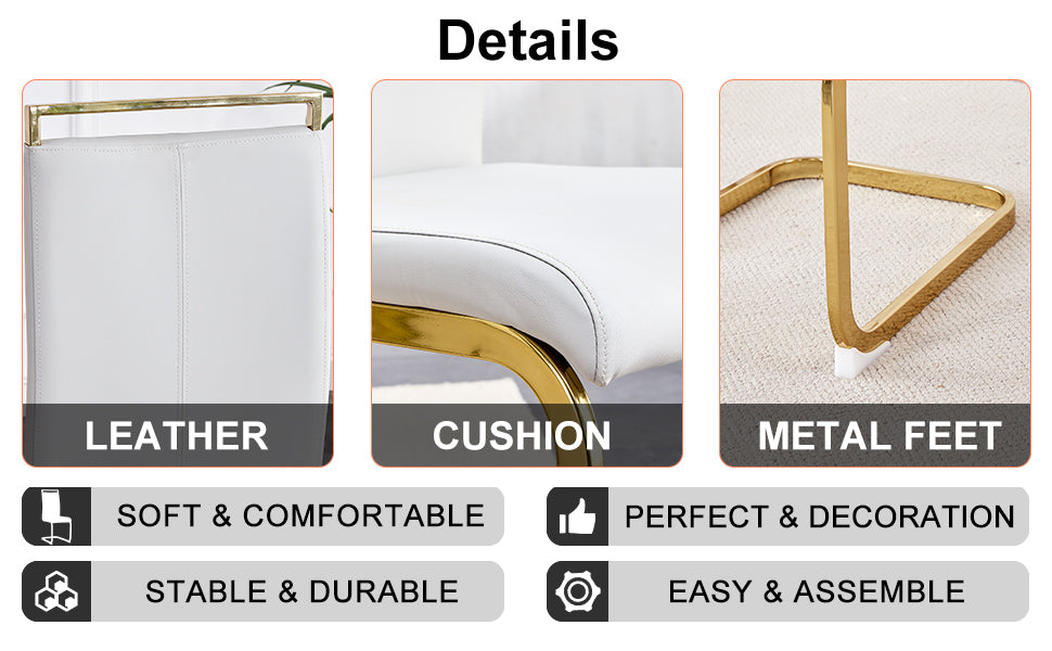 1 Table And 6 Chairs. Modern, Simple And Luxurious White Imitation Marble Rectangular Dining Table And Desk With 6 White Pu Gold Plated Leg Chairs 63'' X 35.4'' X 30'' White Black Mdf
