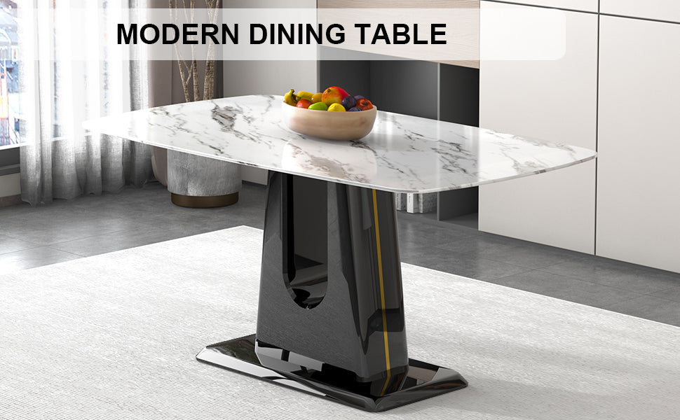 A Modern, Minimalist, And Luxurious Dining Table With A White Imitation Marble Tabletop And Mdf Legs With U Shaped Brackets. Tables In Restaurants And Living Rooms 63"*35.4"*30 F U White Mdf Glass