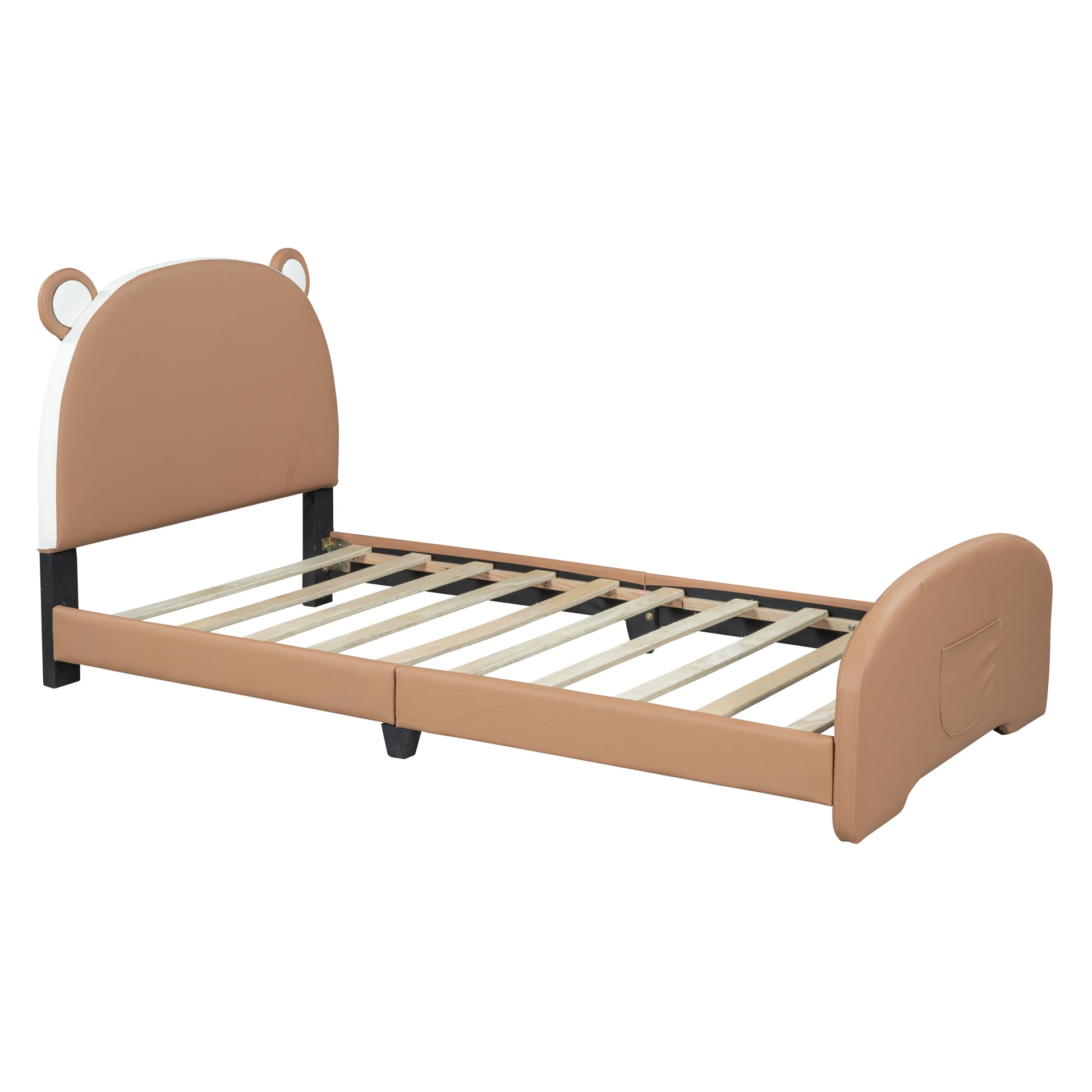 Twin Size Upholstered Platform Bed With Bear Shaped Headboard And Footboard,Brown White Brown Pu