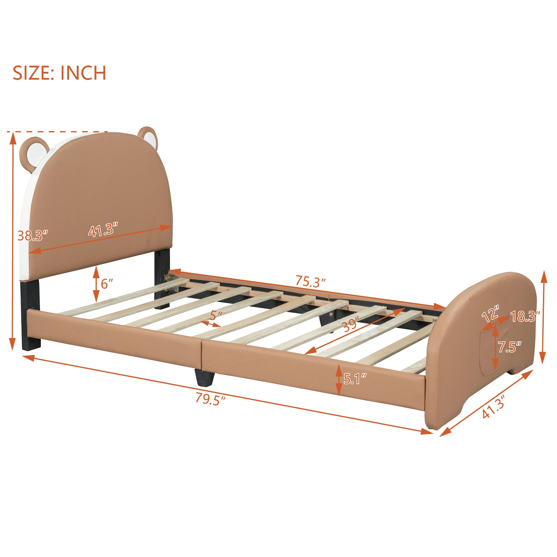 Twin Size Upholstered Platform Bed With Bear Shaped Headboard And Footboard,Brown White Brown Pu