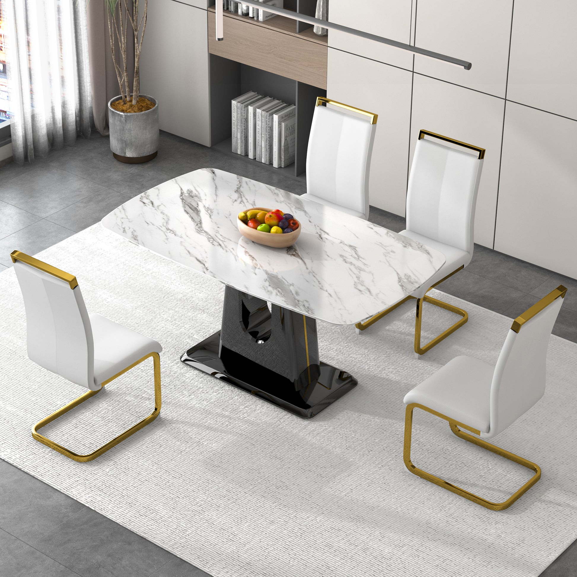 A Modern, Minimalist, And Luxurious Dining Table With A White Imitation Marble Tabletop And Mdf Legs With U Shaped Brackets. Tables In Restaurants And Living Rooms 63"*35.4"*30 F U White Mdf Glass