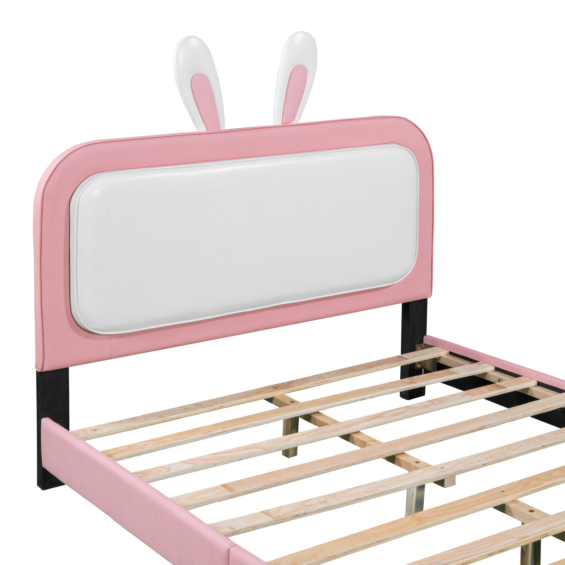 Full Size Upholstered Rabbit Shape Princess Bed ,Full Size Platform Bed With Headboard And Footboard,White Pink White Pink Pu