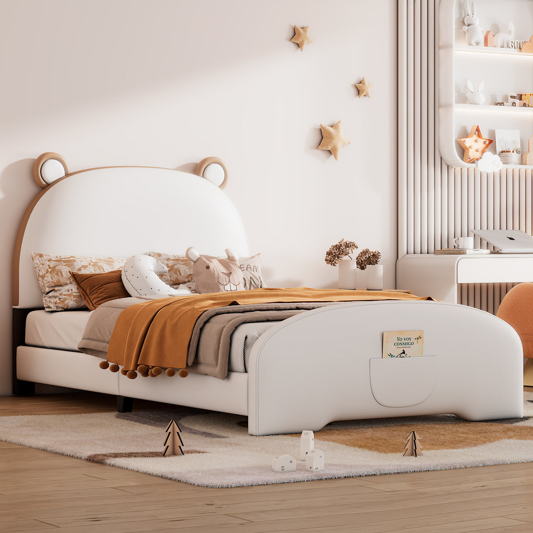 Twin Size Upholstered Platform Bed With Bear Shaped Headboard And Footboard,White Brown White Pu