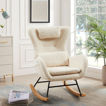 Rocking Chair Nursery, Modern Rocking Chair With High Backrest Beige Polyurethane Foam Fabric