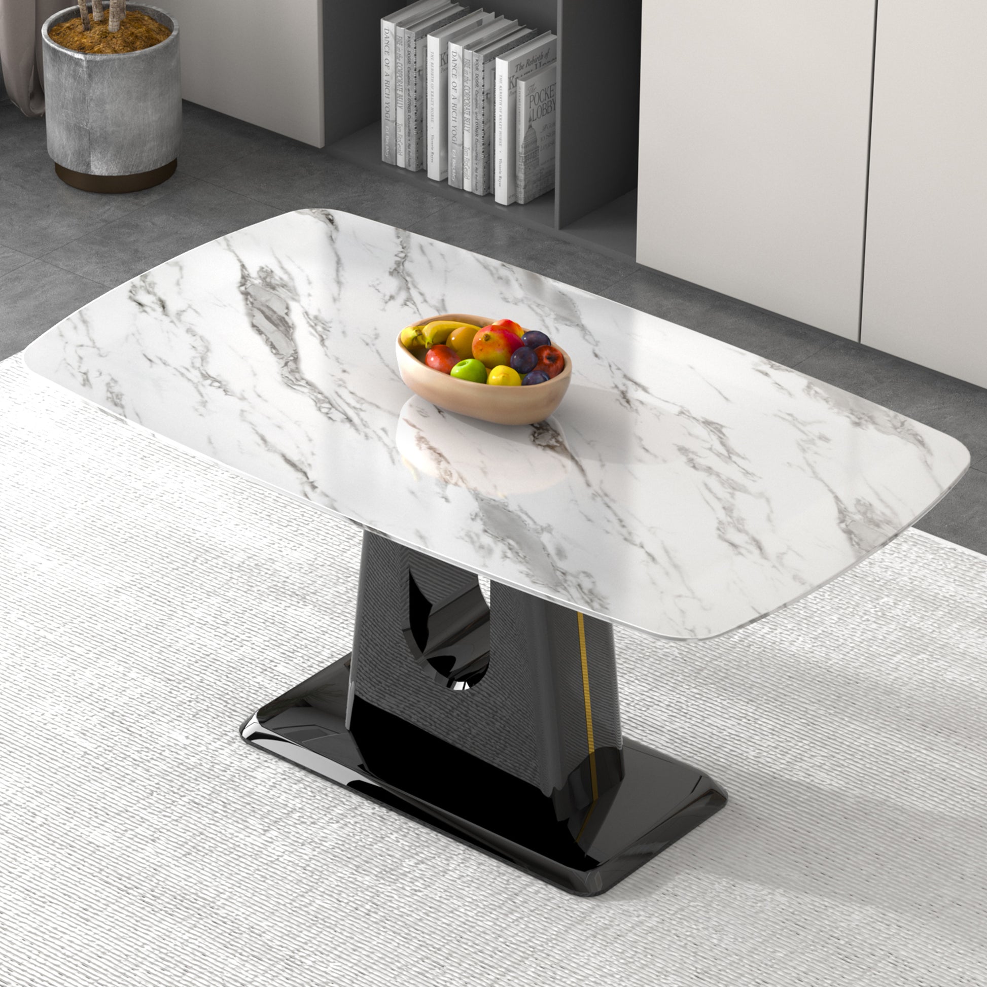 A Modern, Minimalist, And Luxurious Dining Table With A White Imitation Marble Tabletop And Mdf Legs With U Shaped Brackets. Tables In Restaurants And Living Rooms 63"*35.4"*30 F U White Mdf Glass