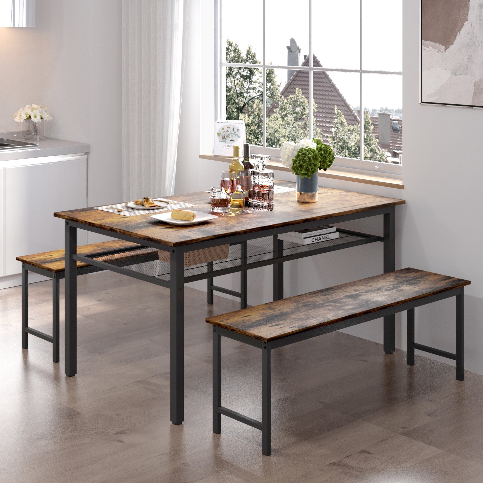 3 Pieces Farmhouse Kitchen Table Set With Two Benches, Metal Frame And Mdf Board Brown Mdf