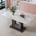 Table And Chair Set, 1 Table, 4 Pu Chairs. White Imitation Marble Pattern Desktop. Black Mdf Table Legs. Chair With Orange Deep Gray Dual Tone Pu Leather Backrest And Black Metal Legs F Sq C 007 White Mdf Glass