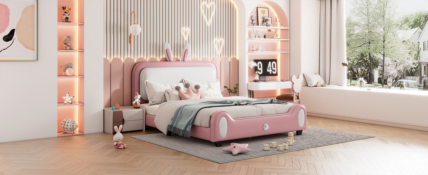 Full Size Upholstered Rabbit Shape Princess Bed ,Full Size Platform Bed With Headboard And Footboard,White Pink White Pink Pu