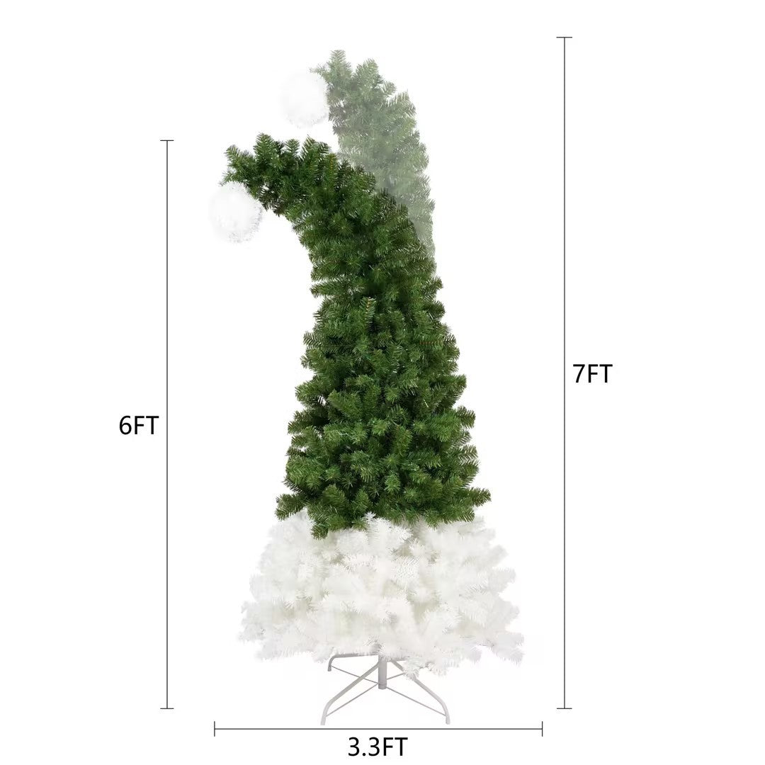 6Ft Hinged Fir Artificial Fir Bent Top Christmas Tree, Xmas Tree Bendable Santa Hat Style Christmas Tree Holiday Decoration, 1250 Lush Branch Tips, 300 Led Lights X Mas Green Pvc