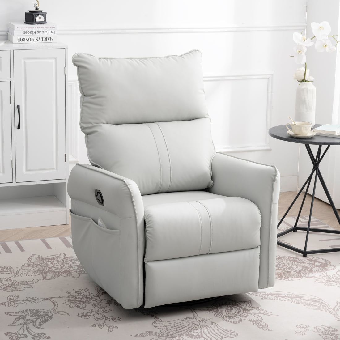 Rocking Recliner Chair,360 Degree Swivel Nursery Rocking Chair,Glider Chair,Modern Small Rocking Swivel Recliner Chair For Bedroom,Living Room Chair Home Theater Seat,Side Pocket Light Gray Solid Light Brown Primary Living Space Push Button Rubberwood