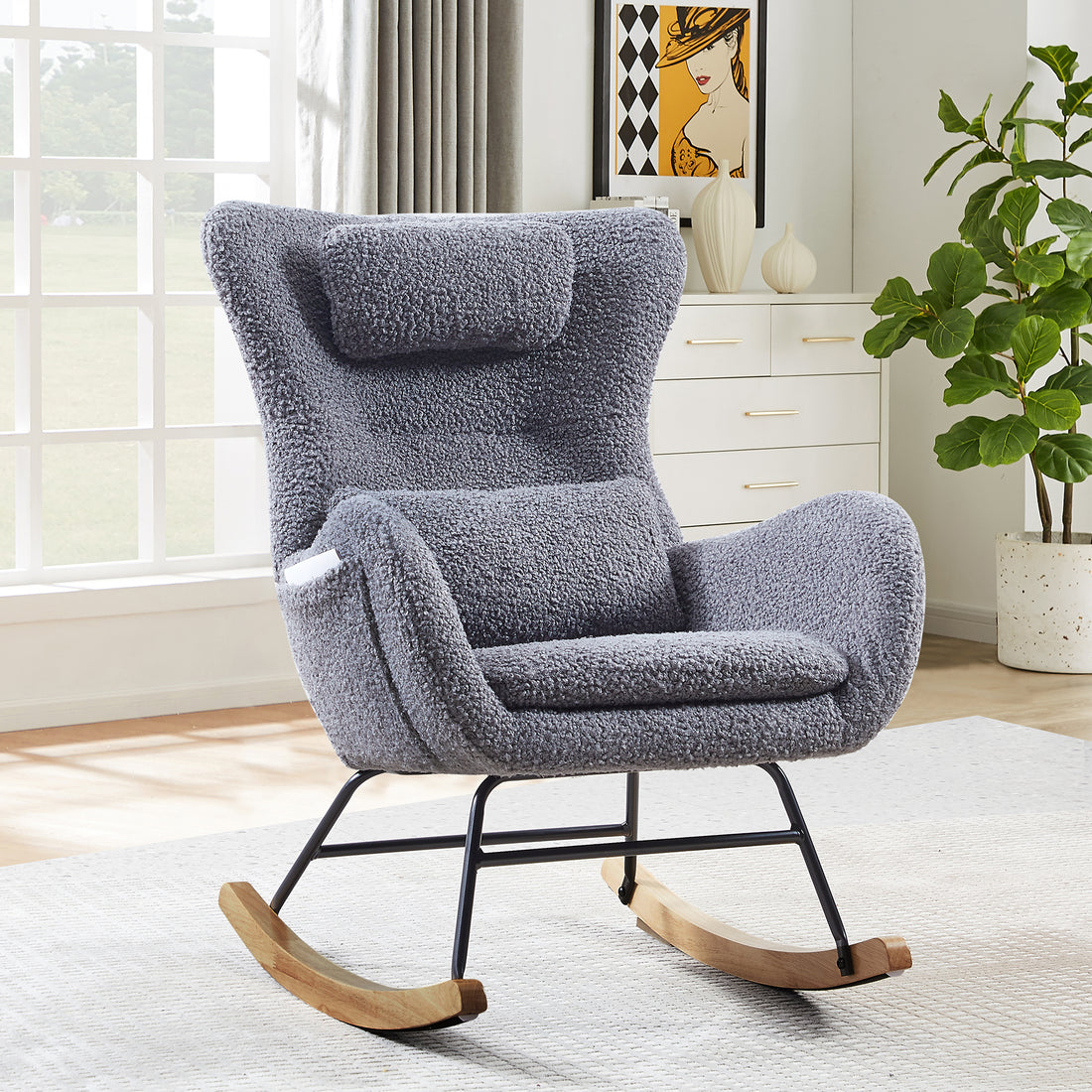 Rocking Chair Nursery, Modern Rocking Chair With High Backrest Gray Polyurethane Foam Fabric