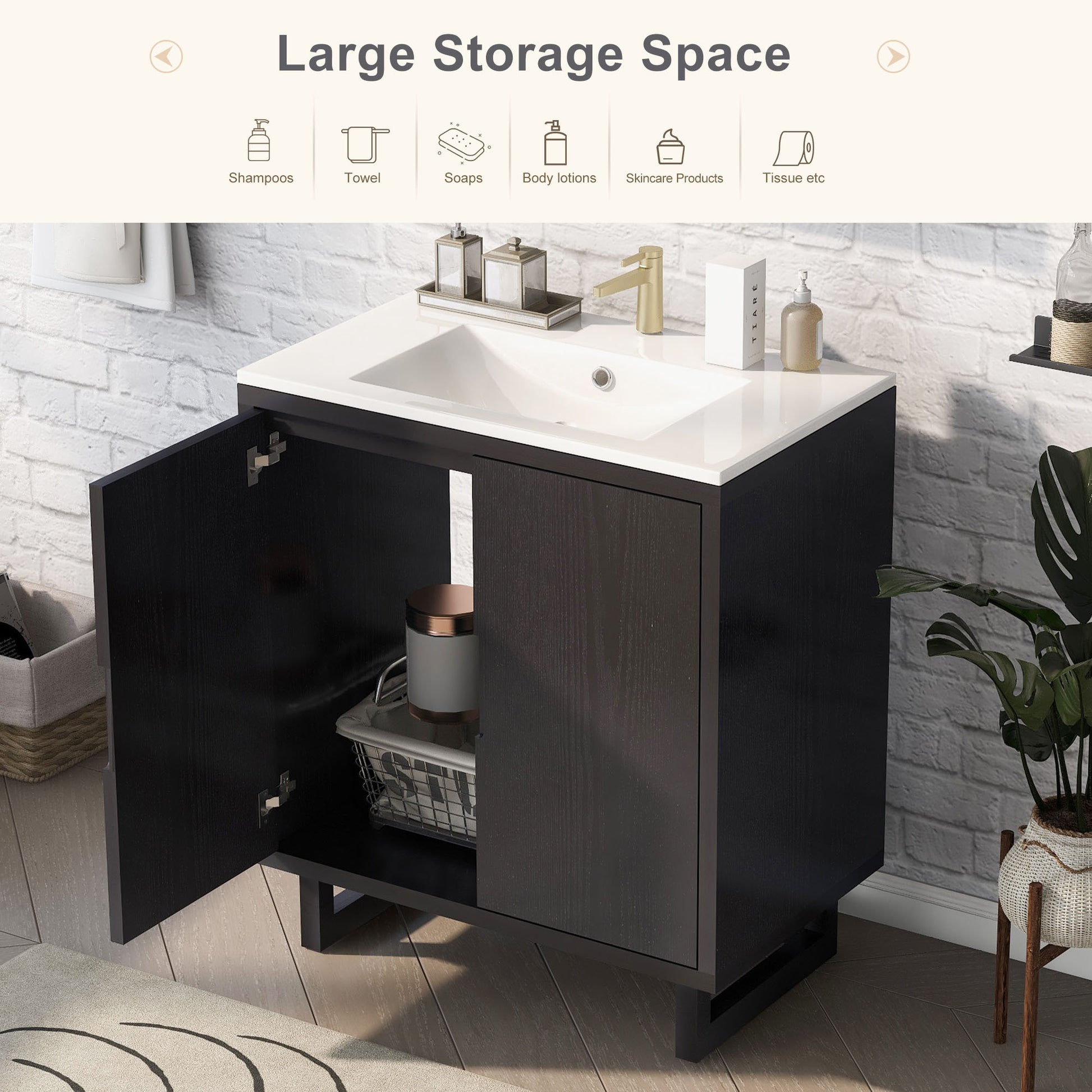 30" Bathroom Vanity Set With Sink, Combo Cabinet, Bathroom Storage Cabinet, Solid Wood Frame Black Solid Wood Mdf
