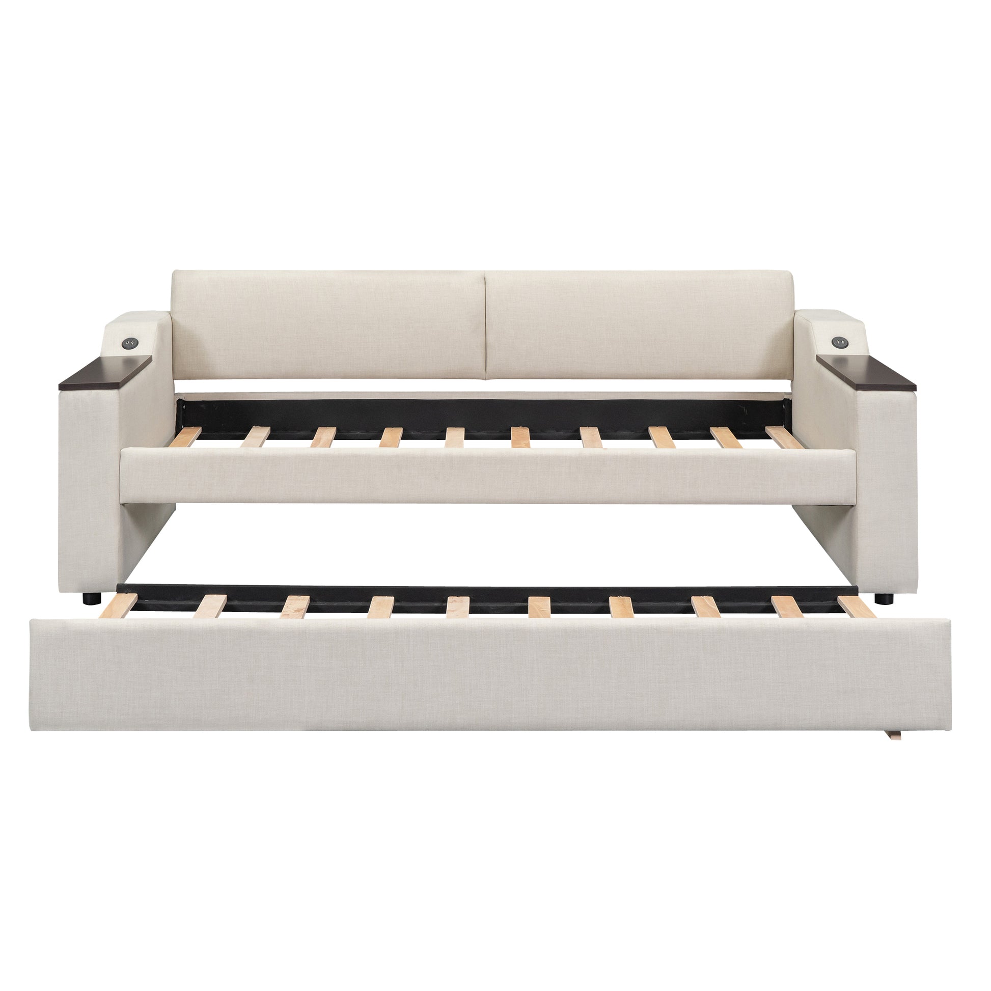 Twin Size Upholstery Daybed With Storage Arms, Trundle And Usb Design, Beige Box Spring Not Required Twin Beige Wood Upholstered