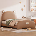 Twin Size Upholstered Platform Bed With Bear Shaped Headboard And Footboard,Brown White Brown Pu