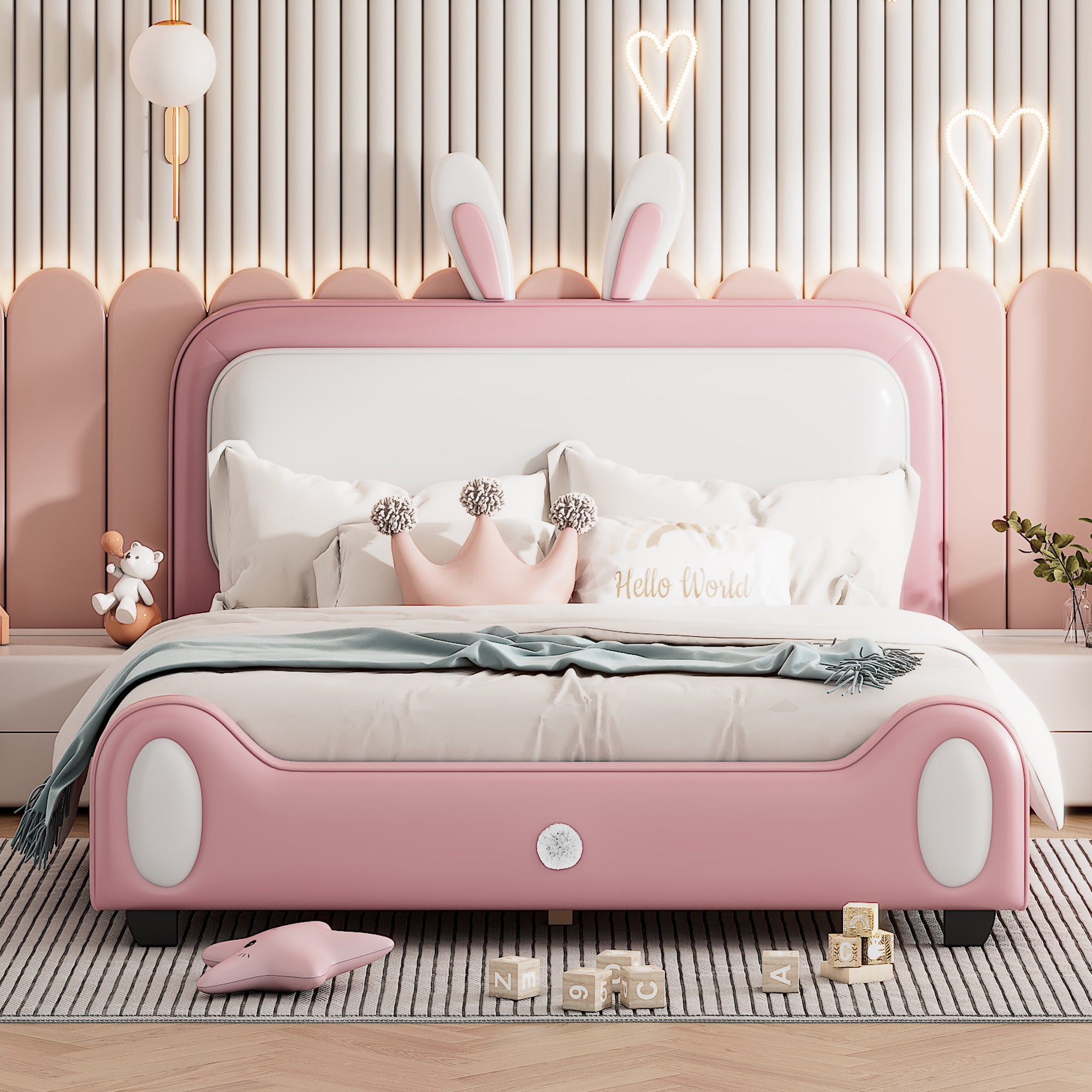 Full Size Upholstered Rabbit Shape Princess Bed ,Full Size Platform Bed With Headboard And Footboard,White Pink White Pink Pu