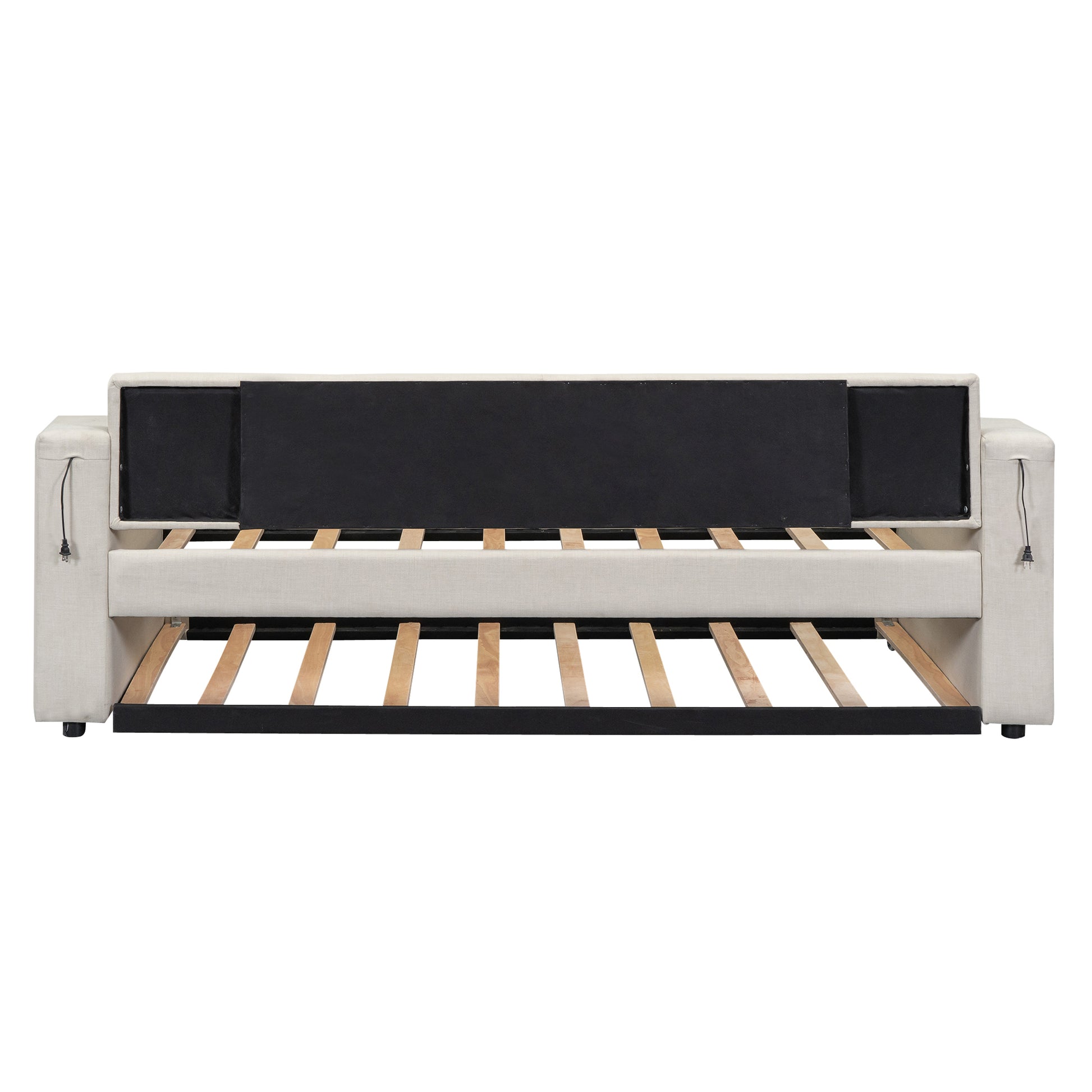 Twin Size Upholstery Daybed With Storage Arms, Trundle And Usb Design, Beige Box Spring Not Required Twin Beige Wood Upholstered