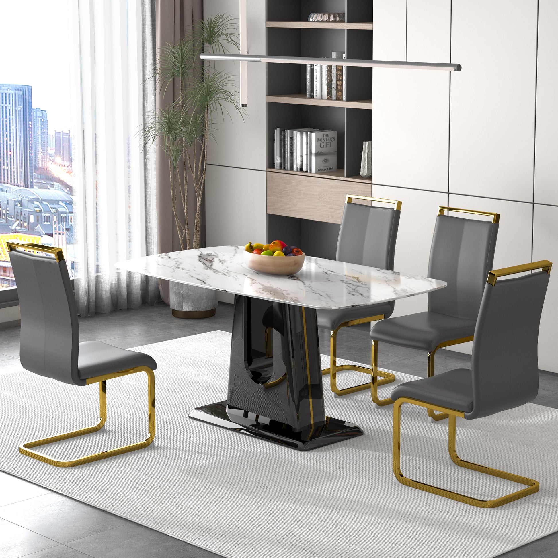 A Modern, Minimalist, And Luxurious Dining Table With A White Imitation Marble Tabletop And Mdf Legs With U Shaped Brackets. Tables In Restaurants And Living Rooms 63"*35.4"*30 F U White Mdf Glass