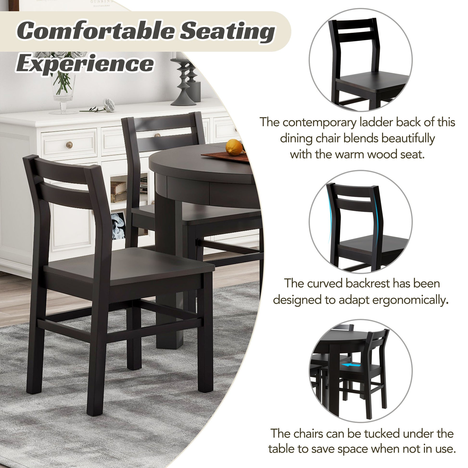 Farmhouse 5 Piece Extendable Round Dining Table Set With Storage Drawers And 4 Dining Chairs,16" Removable Leaf, Espresso Espresso Wood Dining Room Extendable Rubberwood Round Dining Table With Chair Wood Wood Espresso Ladder Back Seats 4 42 Inches