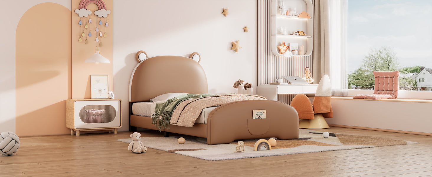 Twin Size Upholstered Platform Bed With Bear Shaped Headboard And Footboard,Brown White Brown Pu