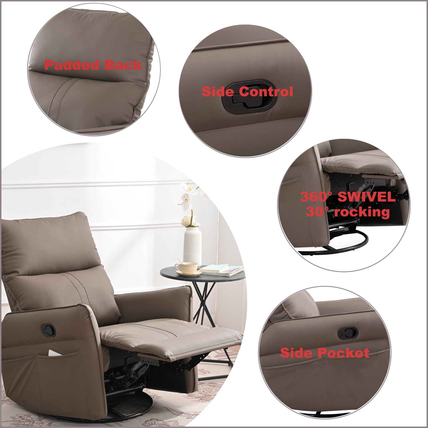 Rocking Recliner Chair,360 Degree Swivel Nursery Rocking Chair,Glider Chair,Modern Small Rocking Swivel Recliner Chair For Bedroom,Living Room Chair Home Theater Seat,Side Pocket Brown Solid Brown Light Brown Primary Living Space Foam Wipe Clean