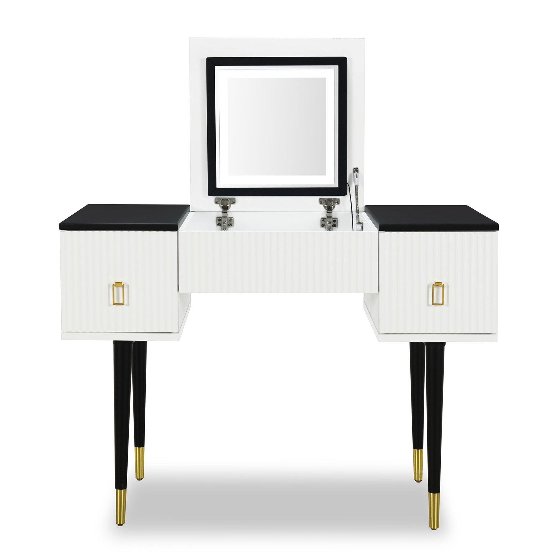 43.3" Modern Vanity Table Set With Flip Top Mirror And Led Light, Dressing Table With Customizable Storage, White And Black Black White Drawer 2 Drawers Bedroom Adjustable Shelves American Design,Artsy,Classic,Contemporary Rubberwood Solid Wood Mdf